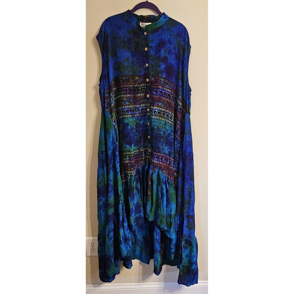 Kantha Bae Summer Dahlia Duster OS Blue Green Tie Dye Batik Sleeveless Maxi NWT